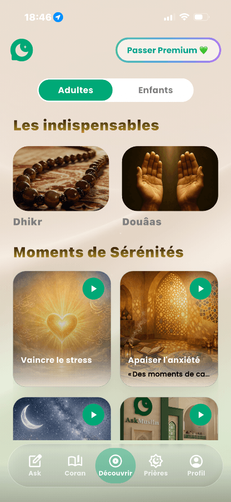 Ask Muslim Discover screen, showing Dhikr, du'as and serenity podcasts