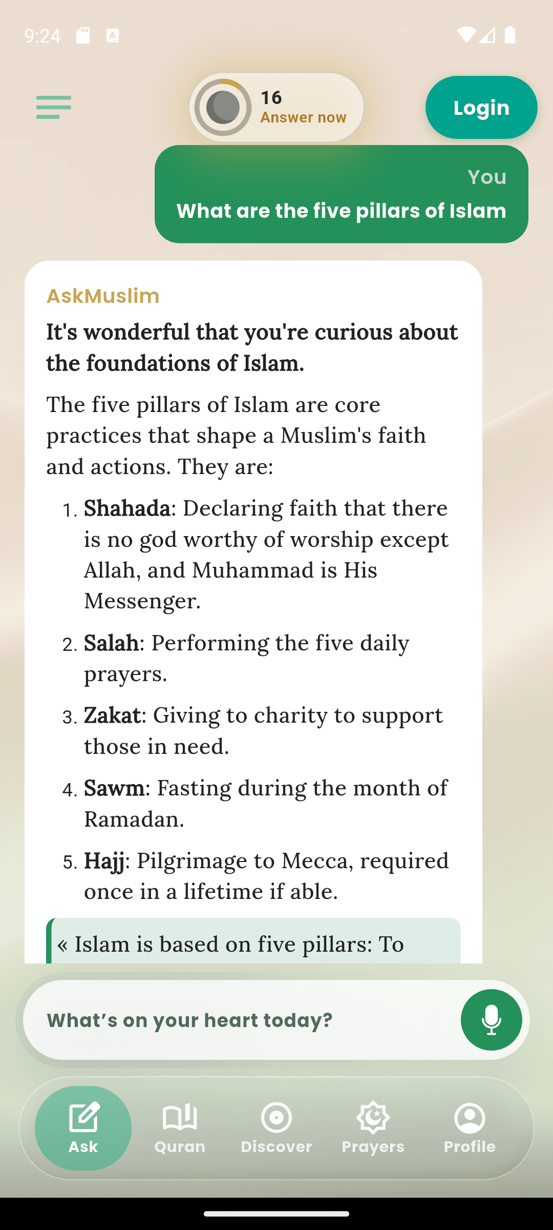 Ask Muslim chat screen, showing a sourced AI answer to a real question